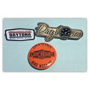 3  Daytona Beach Motorcycle Rally pins,2 Harley Davidson,2006, 2011 &1987 Button